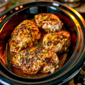 Slow cooker chicken breasts served with herbs and spices