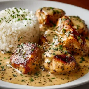 Delicious plate of Smothered Chicken served over fluffy rice