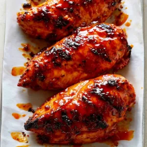 Delicious spicy baked chicken breast served with vegetables.