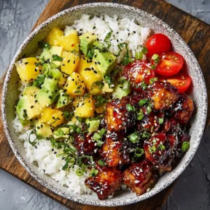 Sticky Hawaiian Chicken Bowl with colorful ingredients and vibrant presentation.