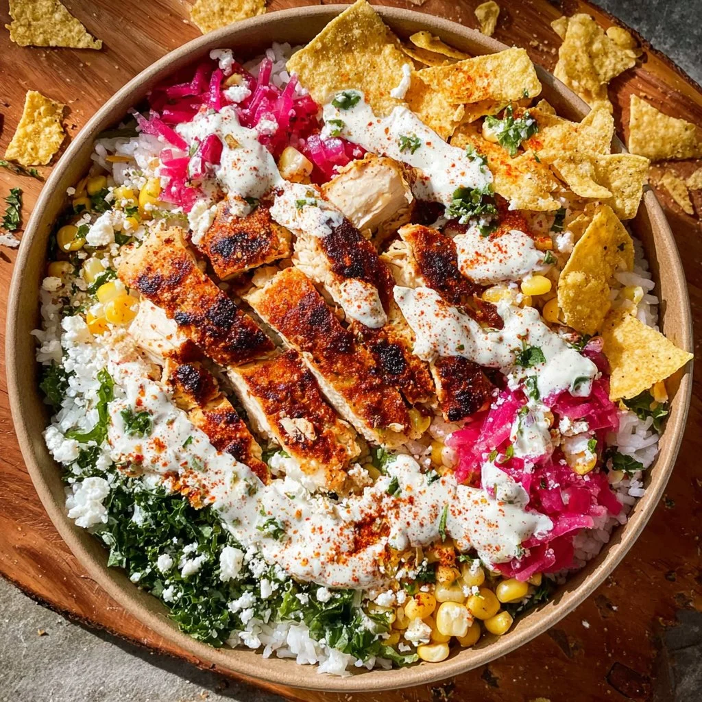 Delicious Street Corn Chicken Bowl with cilantro and lime toppings