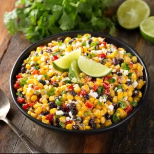A bowl of Street Corn Creamy Cucumber Chicken Salad featuring colorful ingredients.