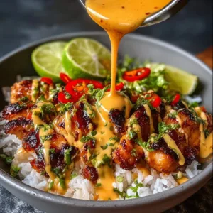 Delicious Sweet Chili Chicken Bowl served with veggies and rice