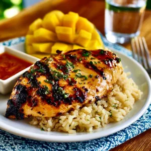 Sweet Chili Coconut-Lime Grilled Chicken on a plate garnished with fresh herbs
