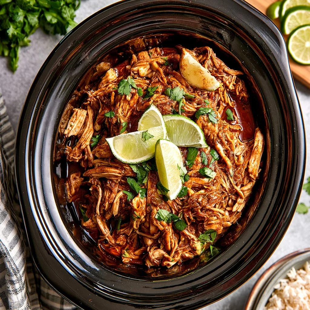 Serving of crock pot cilantro lime chicken with fresh cilantro garnish