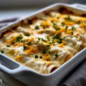 Delicious white chicken enchiladas topped with creamy sauce and cheese.