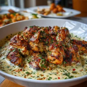 Plate of Turkish Chicken with Creamy White Sauce garnished with herbs