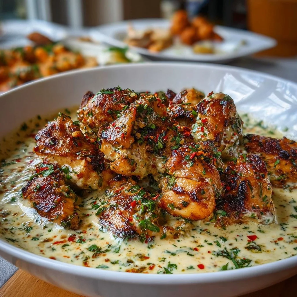 Plate of Turkish Chicken with Creamy White Sauce garnished with herbs