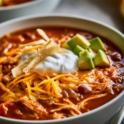 Bowl of 5 ingredient chicken tortilla soup with garnishes