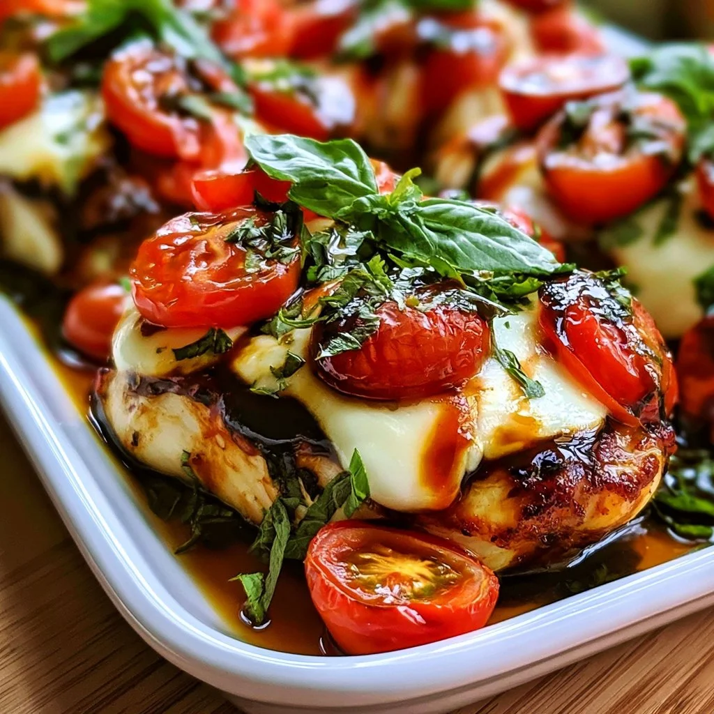 Baked Caprese Chicken garnished with fresh basil and mozzarella
