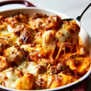 Baked tortellini with ground beef served in a ceramic dish