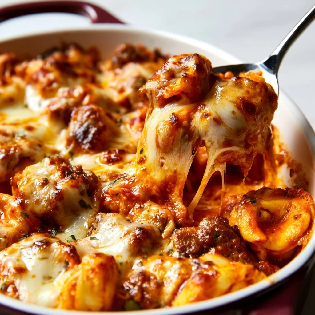 Baked tortellini with ground beef served in a ceramic dish