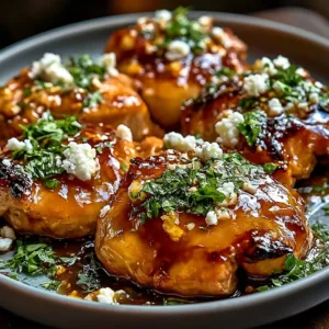Plate of hot honey feta chicken garnished with herbs