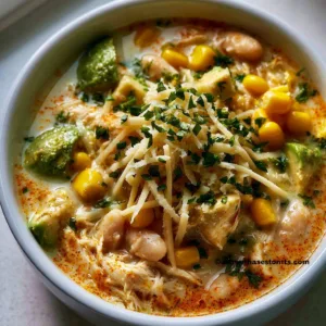 Delicious bowl of best white chicken chili topped with fresh herbs