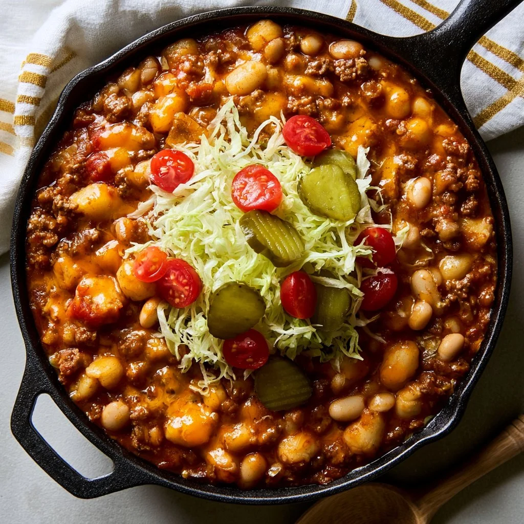 Delicious plate of cheeseburger gnocchi topped with cheese and fresh herbs
