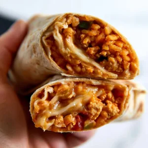 Cheesy ground chicken and rice burritos served on a plate