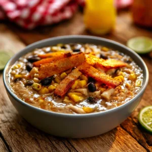 Delicious bowl of Chick-fil-A chicken tortilla soup topped with crispy tortilla strips.