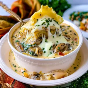 Bowl of delicious Chicken Alfredo Lasagna Soup garnished with herbs