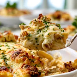 Delicious Chicken Alfredo Ravioli Bake topped with cheese and herbs