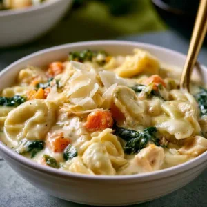 Delicious Chicken Alfredo Soup with Tortellini garnished with herbs and cheese.