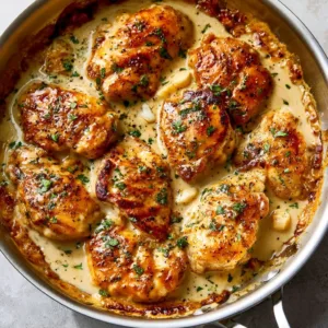 Juicy chicken breasts cooked in creamy garlic sauce served on a plate