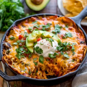 Delicious Chicken Enchilada Casserole with cheese and fresh toppings
