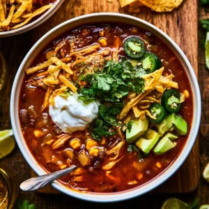 Bowl of Chicken Tortilla Soup garnished with tortilla chips and fresh herbs