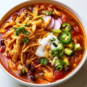 Bowl of flavorful Chicken Tortilla Soup garnished with tortilla strips and cilantro.