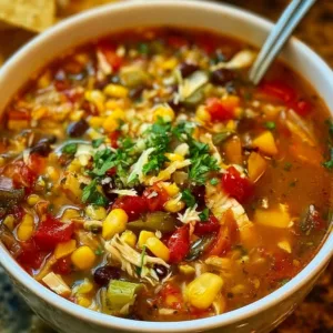 Bowl of Chicken Tortilla Vegetable Soup with fresh ingredients
