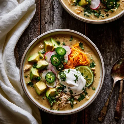 Bowl of gluten free white chicken chili topped with cilantro and avocado