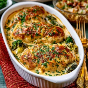 Creamy baked chicken breasts served with herbs and spices on a plate.