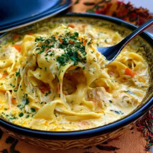 Bowl of creamy chicken noodle soup garnished with herbs.