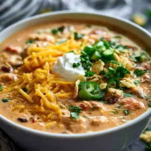 Bowl of creamy chicken tortilla soup garnished with tortilla strips and cilantro.