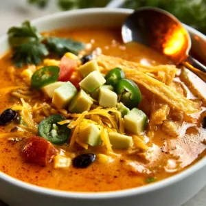 Bowl of creamy chicken tortilla soup topped with tortilla strips and herbs