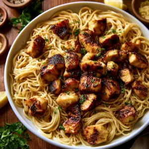 Creamy cowboy butter chicken pasta in a bowl, garnished with parsley.
