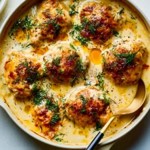 Creamy oven baked chicken thighs garnished with herbs and served on a plate