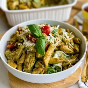 Creamy pesto chicken pasta bake topped with fresh basil and cheese