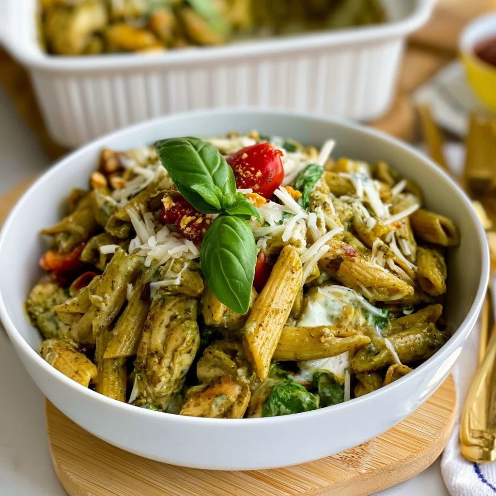 Creamy pesto chicken pasta bake topped with fresh basil and cheese