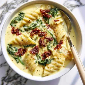 Bowl of creamy white chicken lasagna soup topped with herbs and cheese