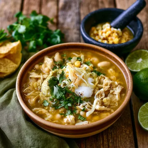 Bowl of creamy white chicken chili made in a Crock Pot