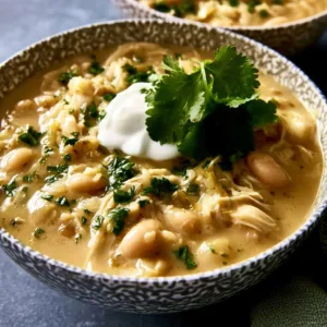 Crockpot Creamy White Chicken Chili served in a bowl topped with cilantro