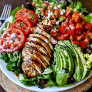 Delicious chicken salad with avocado served in a bowl.