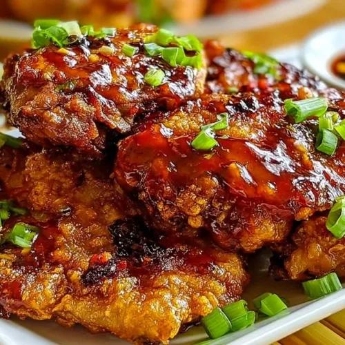 Double Crunch Honey Garlic Chicken served on a plate with sauce and garnish