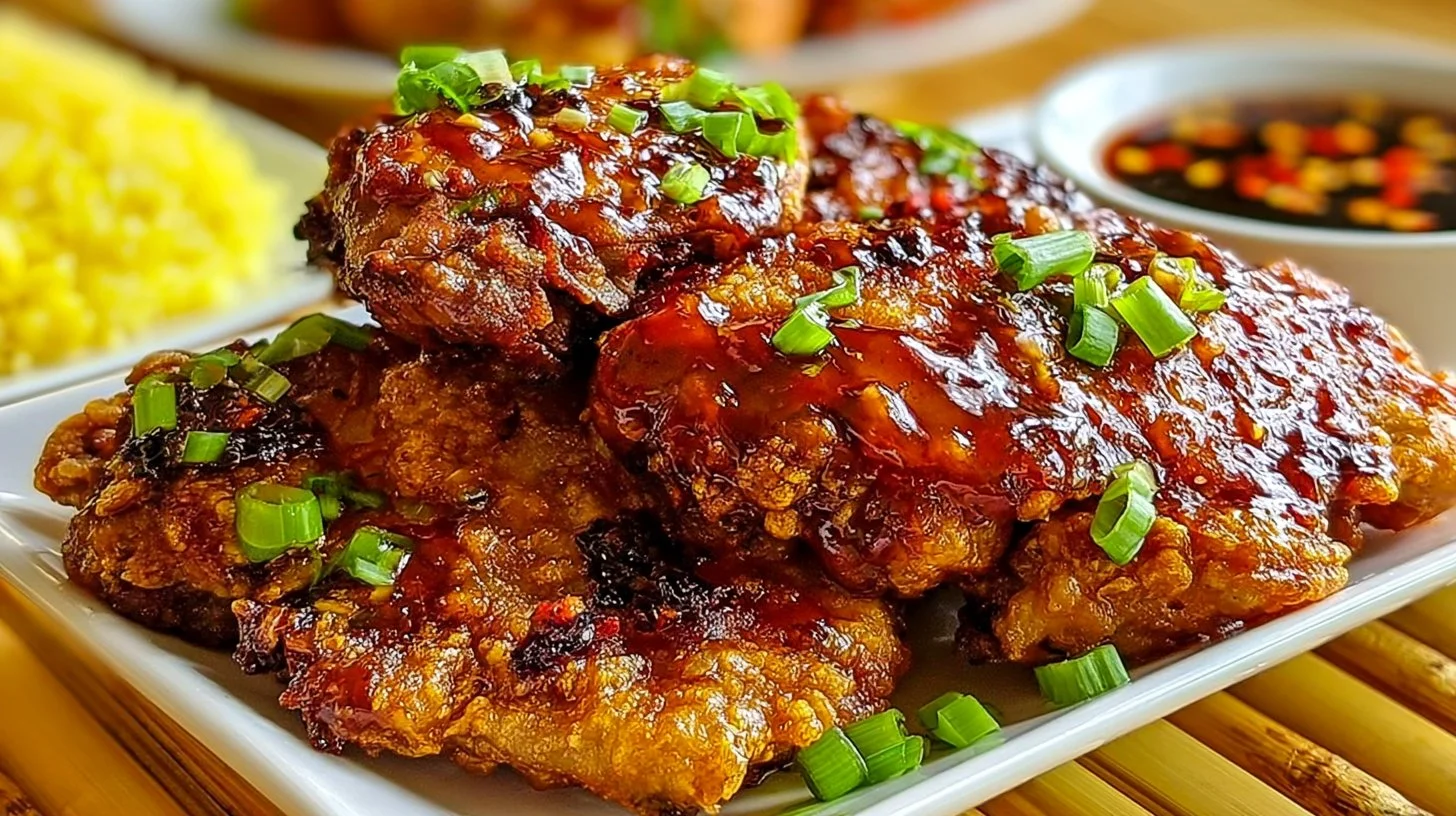 Double Crunch Honey Garlic Chicken served on a plate with sauce and garnish