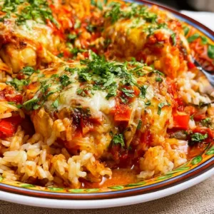 Baked salsa chicken served with rice on a dinner plate