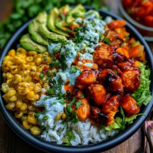 Delicious Easy Buffalo Chicken Bowl with chicken, veggies, and buffalo sauce