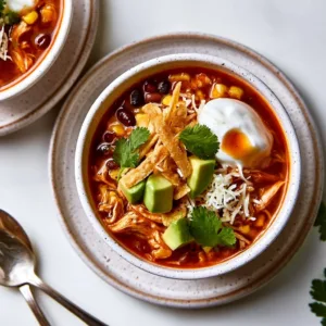 Bowl of easy chicken tortilla soup with tortilla strips and avocado garnish