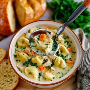 Bowl of easy creamy chicken tortellini soup garnished with herbs