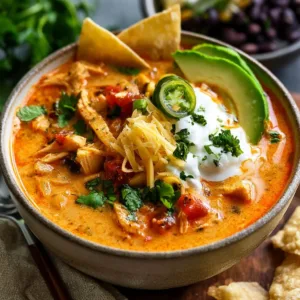 Bowl of easy creamy chicken tortilla soup with crispy tortilla strips.