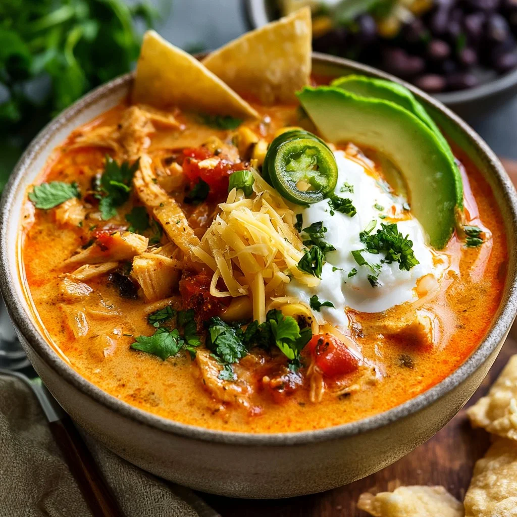Bowl of easy creamy chicken tortilla soup with crispy tortilla strips.